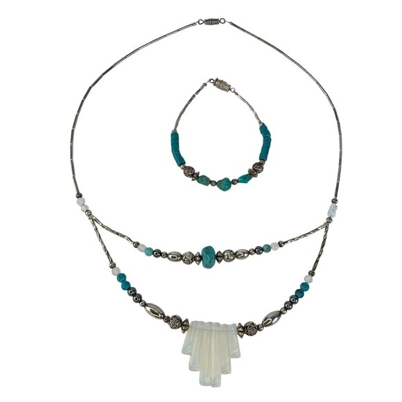 Sterling Silver Opalite & Turquoise Necklace & Bracelet Set - Picture 1 of 4